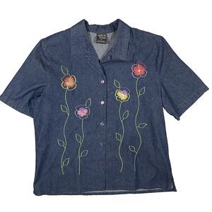 Allison Daley Y2K Blue Cotton Denim Blouse Short Sleeve Women’s Size 14 Large